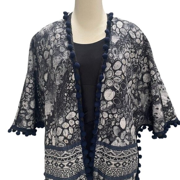Soft Surroundings L/XL Kimono Jacket Batik Print Boho Chic Pom Pom Trim Festival - Picture 8 of 10